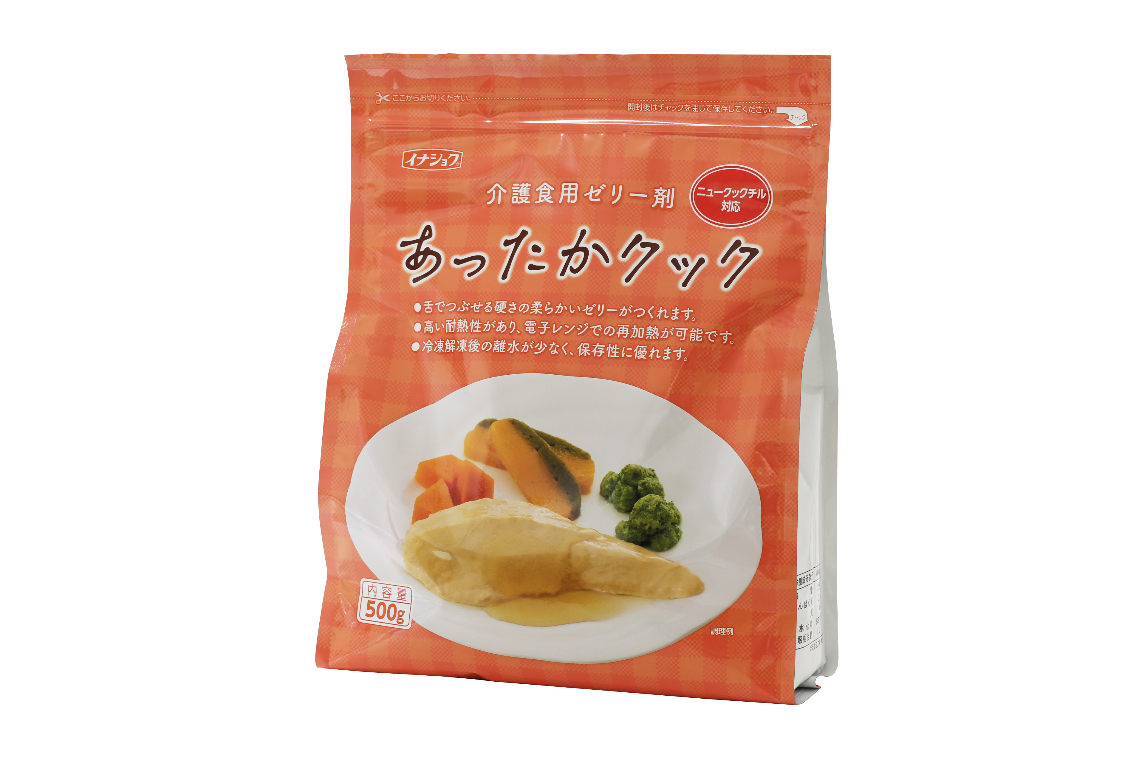 <div class='lum-box'><h4 class='fontColor_blue lum-font-size'>イナショク　あったかクック</h4></div><div class='lum-font-cnt'>・下でつぶせるかたさのやわらかいゼリーがつくれます。
・電子レンジでの再加熱や揚げ物もできます。
・冷凍解凍後の離水が少なく、保存性に優れます。</div>