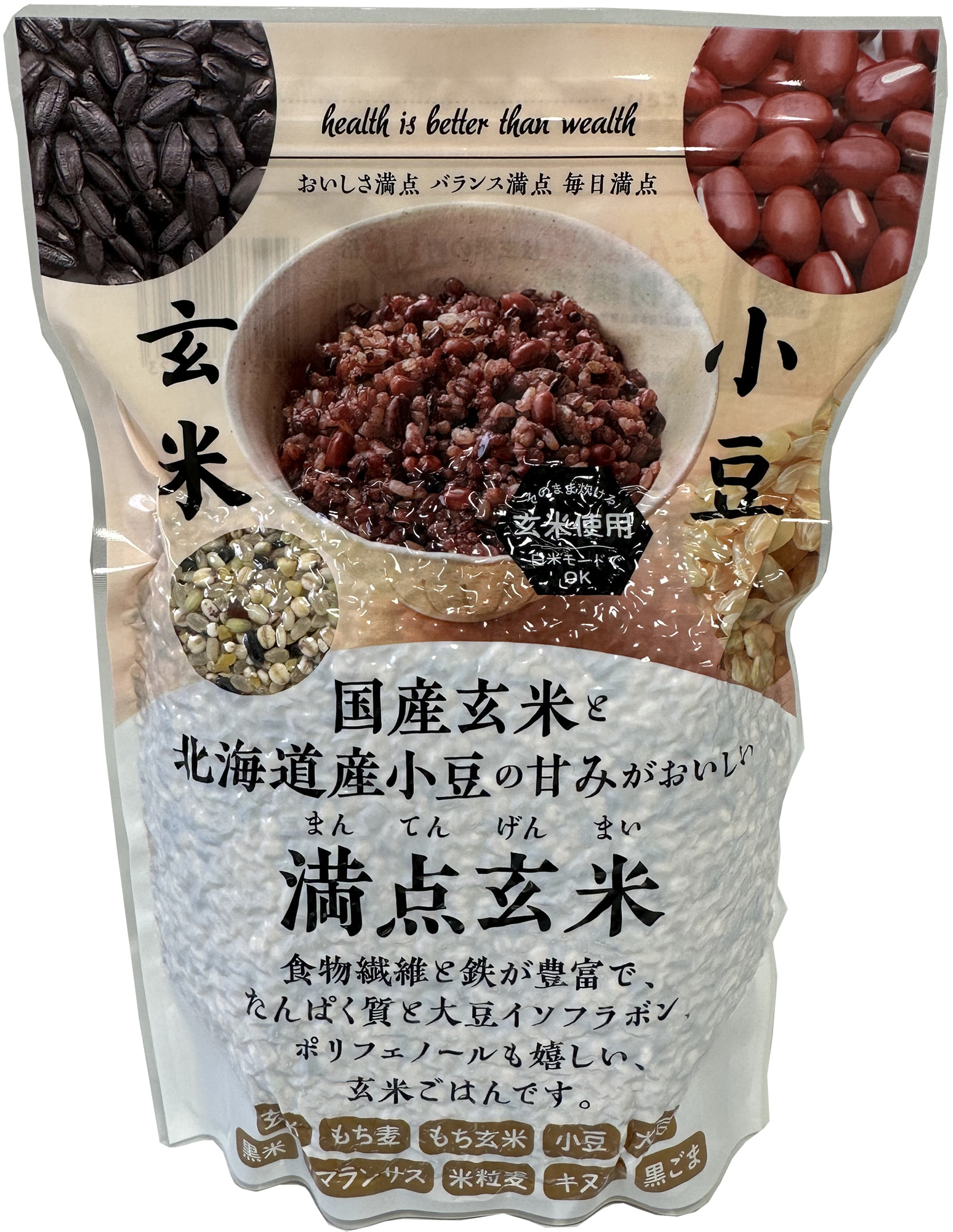 <div class='lum-box'><h4 class='fontColor_blue lum-font-size'>満点玄米</h4></div><div class='lum-font-cnt'>玄米と小豆をメインとしたブレンドで、豊富な食物繊維と鉄のほか、たんぱく質と大豆イソフラボンも含んでいます。白米に混ぜて炊飯してもあっさりとおいしく仕上がりますが、本品100％で炊飯いただくと、小豆をはじめとした穀物本来の甘みをより感じることができます。</div>