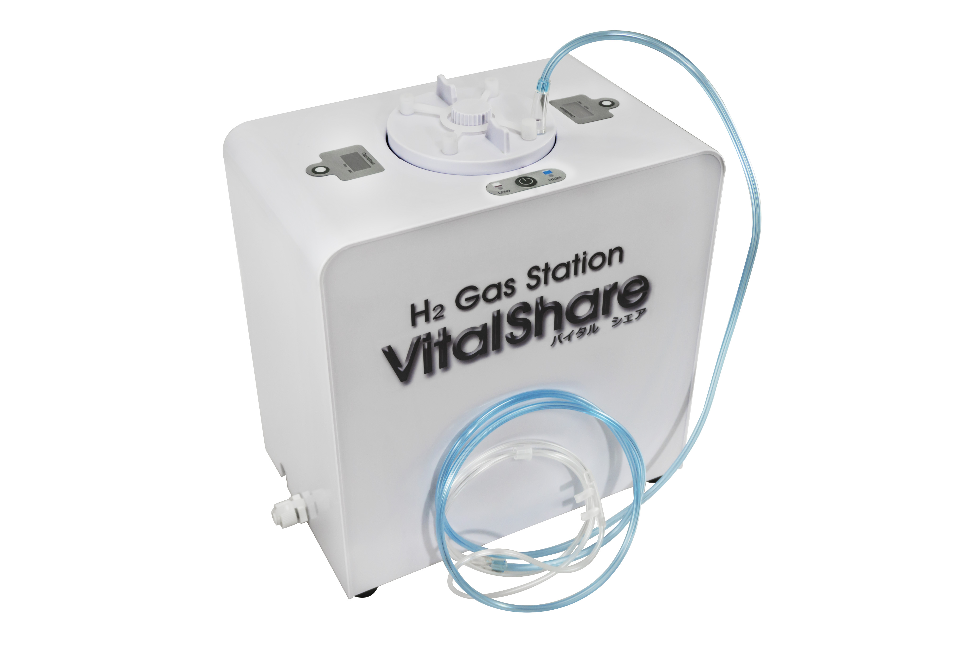 <div class='lum-box'><h4 class='fontColor_blue lum-font-size'>吸入用水素ガス生成器「Vital Share(バイタルシェア)」</h4></div><div class='lum-font-cnt'>1台で最大4人同時に水素ガス吸入が可能な吸入用水素ガス生成器。
4人同時に吸入してもカニューレ鼻腔装着部で水素ガス濃度40,000ppm以上、流量最大750mL/minと本格的です。
水素専門サロンやクリニック、薬局、接骨院、エステサロンでの水素ガス吸入サービスや介護施設等に最適です。</div>