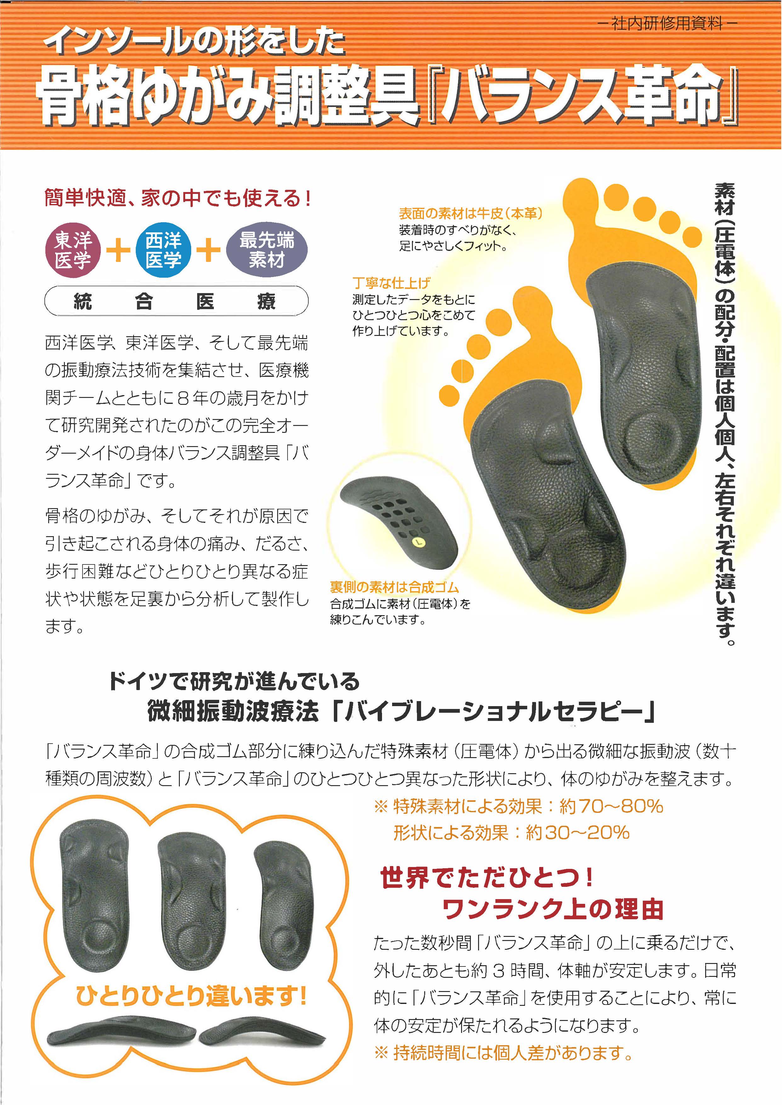 <div class='lum-box'><h4 class='fontColor_blue lum-font-size'>身体のゆがみ調整具「バランス革命」</h4></div><div class='lum-font-cnt'>微細振動波を使って身体のゆがみを整えていく調整具です。数秒間、微細振動波を身体に入れただけで3時間以上効果が持続します。驚きの効果を体験できます。</div>