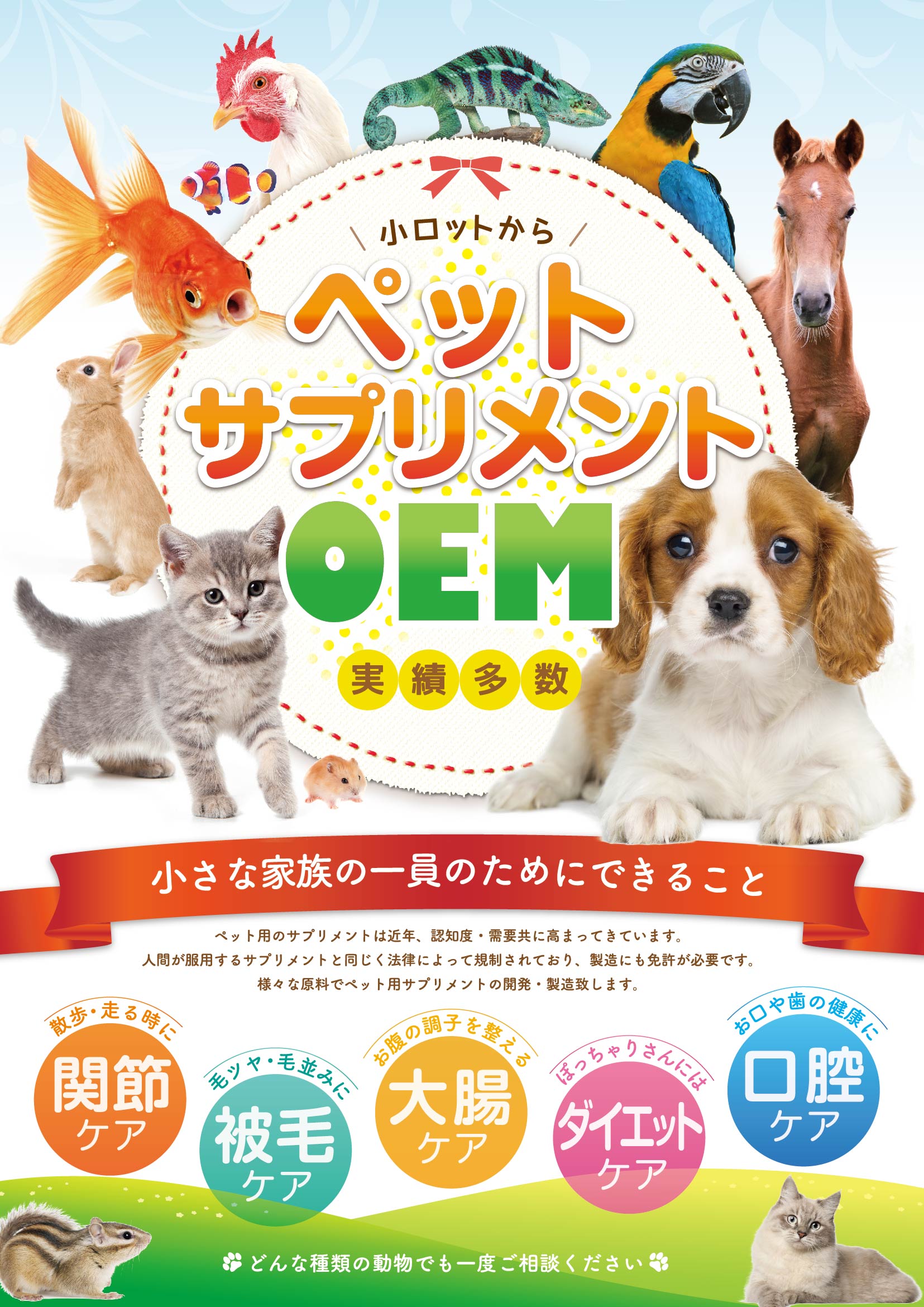 <div class='lum-box'><h4 class='fontColor_blue lum-font-size'>ペットサプリメントOEM</h4></div><div class='lum-font-cnt'>近年市場が急速に拡大を見せるペットサプリメント市場。錠剤や粉体、ドリンクなど製造実績がございます。まずは気軽にお問い合わせください。</div>
