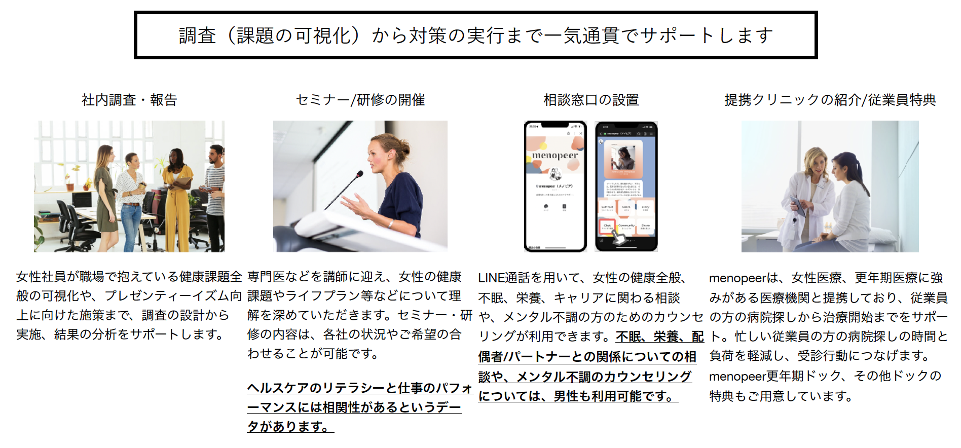 <div class='lum-box'><h4 class='fontColor_blue lum-font-size'>健康経営支援サービス</h4></div><div class='lum-font-cnt'>法人・自治体向けサービスメニュー（従業員への福利厚生、人的資本への投資）
社内調査（課題の可視化）、セミナー/研修の開催、相談窓口の設置、提携クリニックの紹介まで一気通貫でサポート</div>