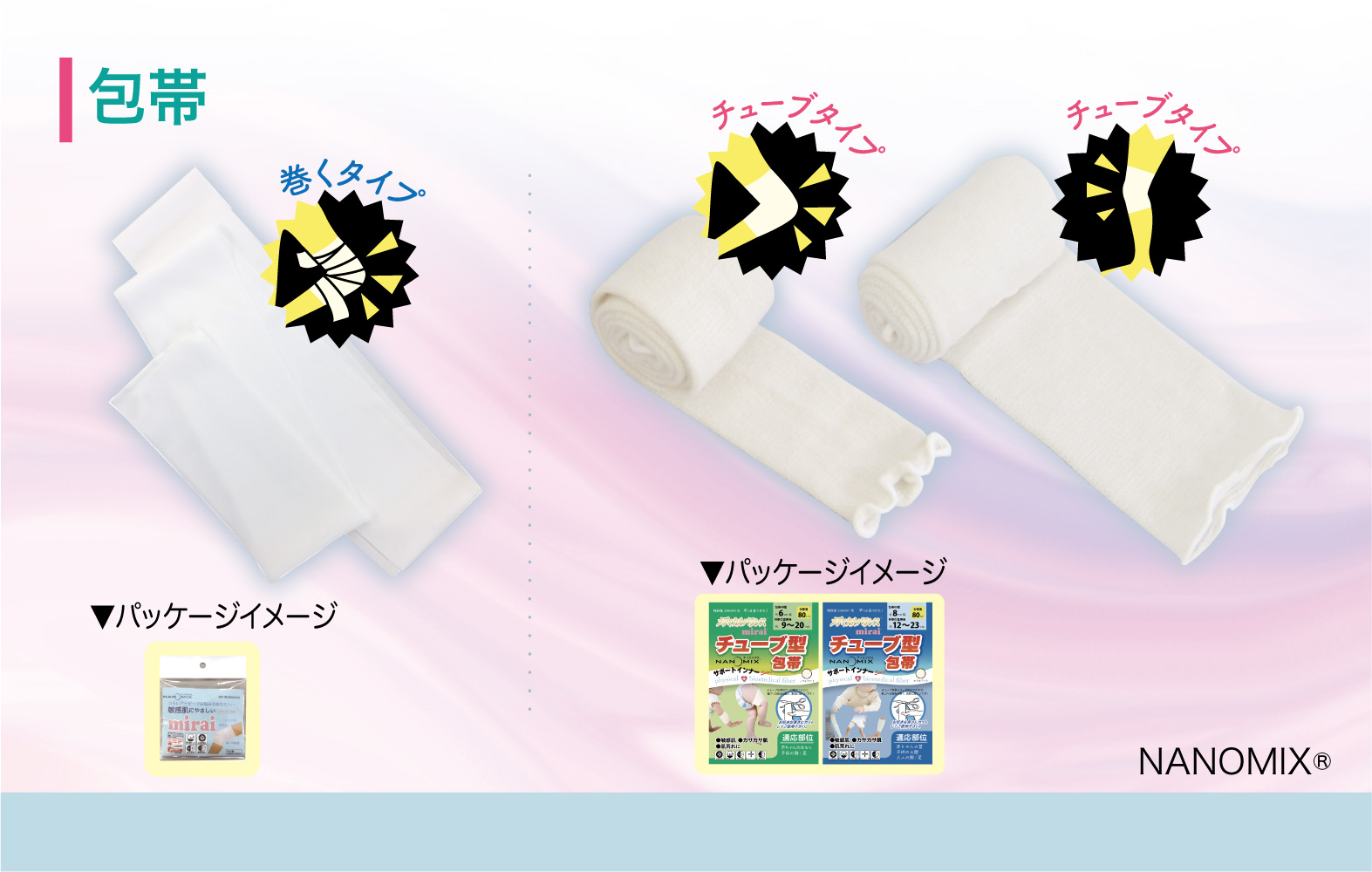 <div class='lum-box'><h4 class='fontColor_blue lum-font-size'>【NANOMIX®】包帯</h4></div><div class='lum-font-cnt'>アトピー、敏感肌の方、治療中の方、傷の保護用に。 汗を良く吸い、やわらかくサラサラしたつけ心地でありながら、かゆみ・乾燥もおさえる機能性に優れた素材です。通常の患部に「巻くタイプ」と、サッと着脱に便利な「チューブタイプ」をご用意しています。</div>