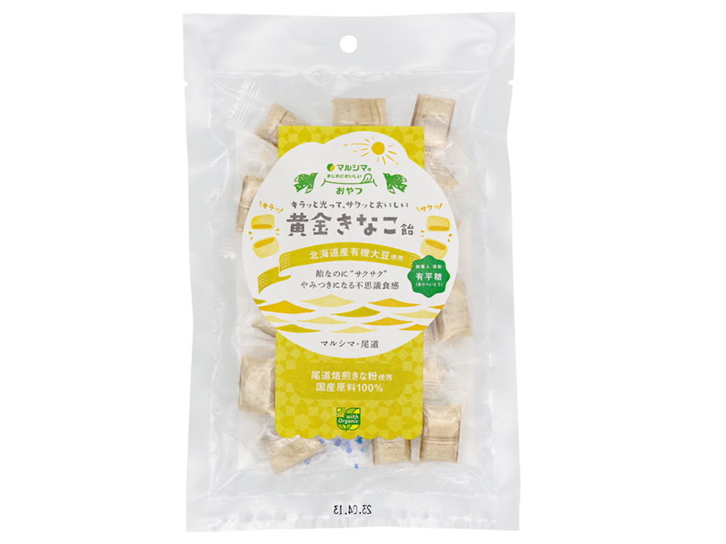<div class='lum-box'><h4 class='fontColor_blue lum-font-size'>黄金きなこ飴</h4></div><div class='lum-font-cnt'>まじめにおいしいおやつ
飴なのにサクサク、やみつきなになる不思議食感
国産有機きな粉を贅沢につかいました。
国産原料100％。
</div>