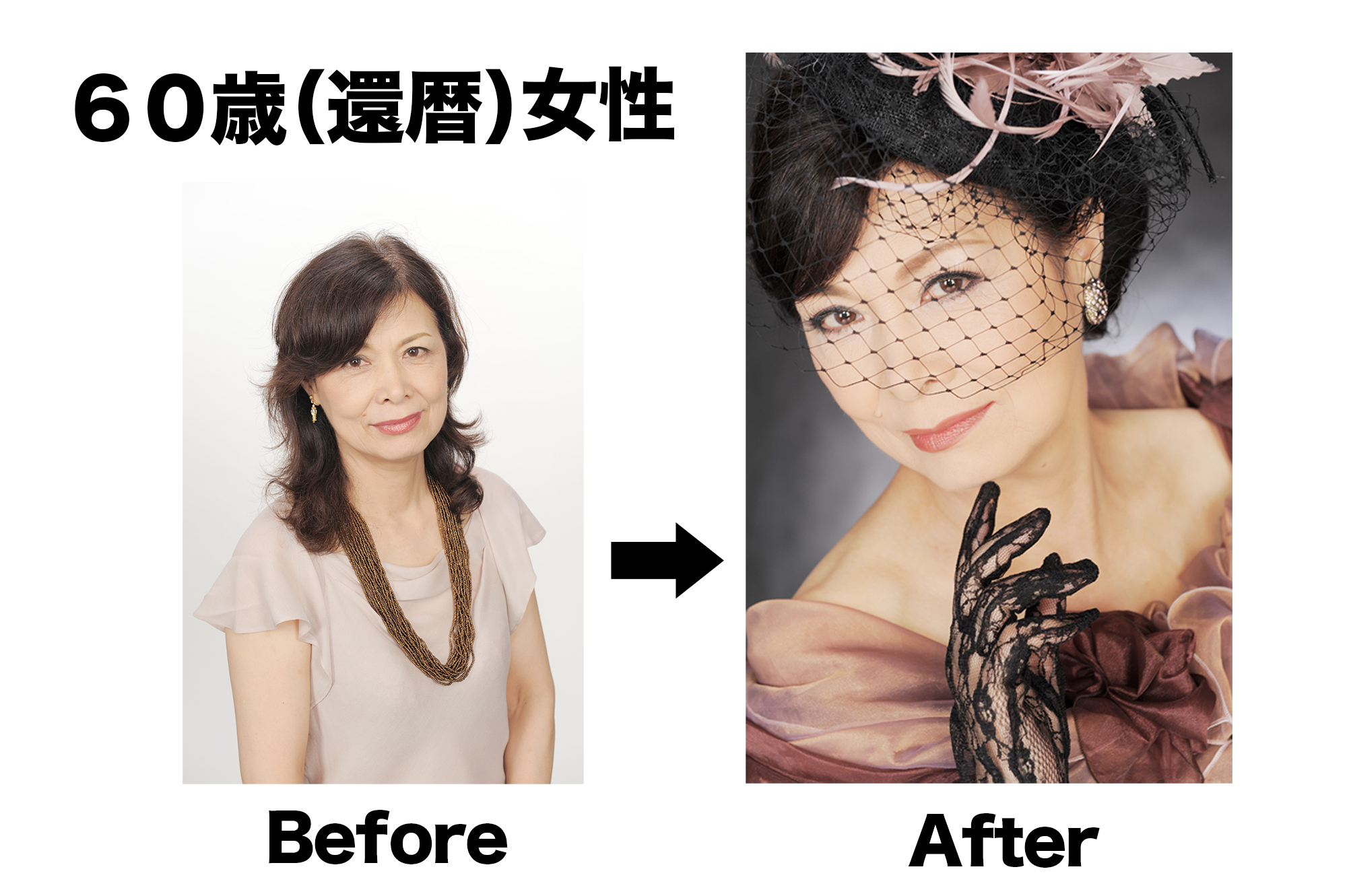 <div class='lum-box'><h4 class='fontColor_blue lum-font-size'>60歳女性の変身例</h4></div><div class='lum-font-cnt'>還暦・古希・喜寿・米寿など節目の記念に「奇跡の1枚🄬」を残すシニア女性が急増中！</div>