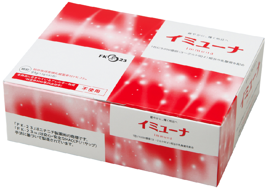 <div class='lum-box'><h4 class='fontColor_blue lum-font-size'>イミューナ</h4></div><div class='lum-font-cnt'>特許取得実績乳酸菌「ＦＫ-23」を配合したサプリメントです。カウンセリング販売専用商品のため、クリニックや百貨店、施術を伴う事業者様などのお取引があります。</div>