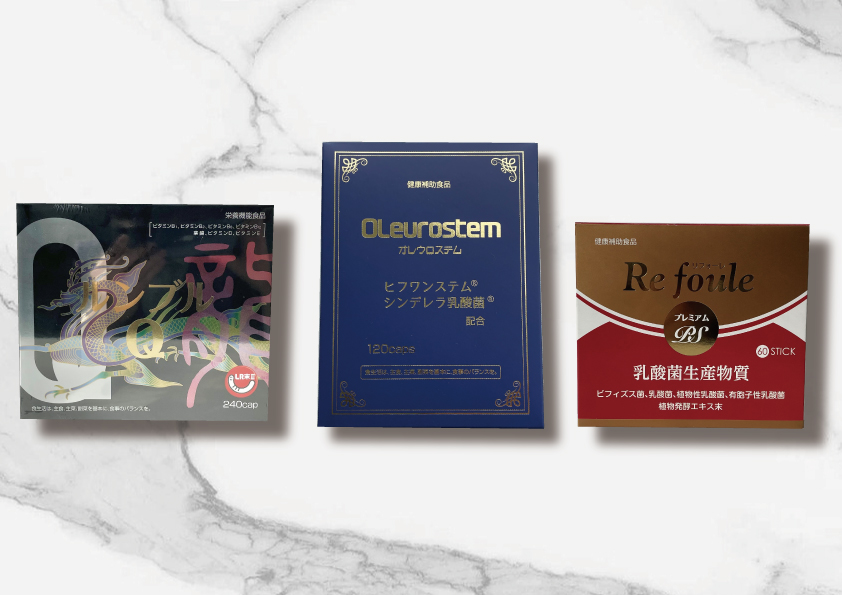 <div class='lum-box'><h4 class='fontColor_blue lum-font-size'>サプリメント製品※以下3種以外も多数の健康食品をご用意しております。</h4></div><div class='lum-font-cnt'>①ルンブルQ：高純度ミミズ食品粉末「LR末Ⅲ」、コエンザイムQ10 、レスベラトロールを配合したサプリメント。 ②オレウロステム：最新エイジングケア原料「ヒフワンステム」 と「シンデレラ乳酸菌」を配合。③リフォーレプレミアムPS：乳酸菌生産物質と乳酸菌、食物繊維がバランスよく配合されたパウダー。</div>