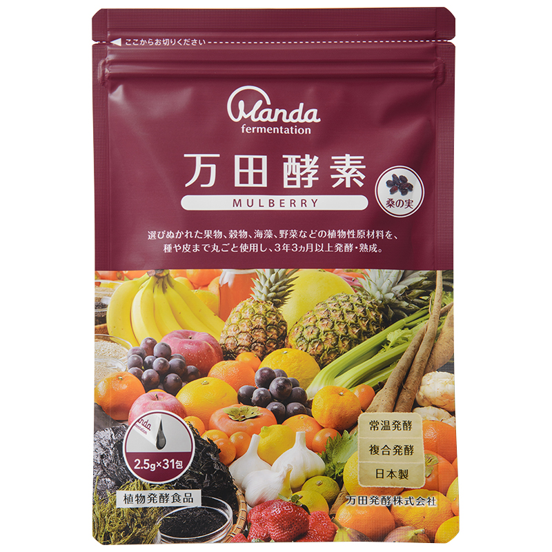 <div class='lum-box'><h4 class='fontColor_blue lum-font-size'>万田酵素MULBERRY 77.5ｇ</h4></div><div class='lum-font-cnt'>54種類の植物性原材料を使用し、果実の皮や種まで丸ごと発酵・熟成させた万田酵素シリーズ。
美容に感度が高い方に人気の「マルベリー(桑の実)」入りの万田酵素です。</div>