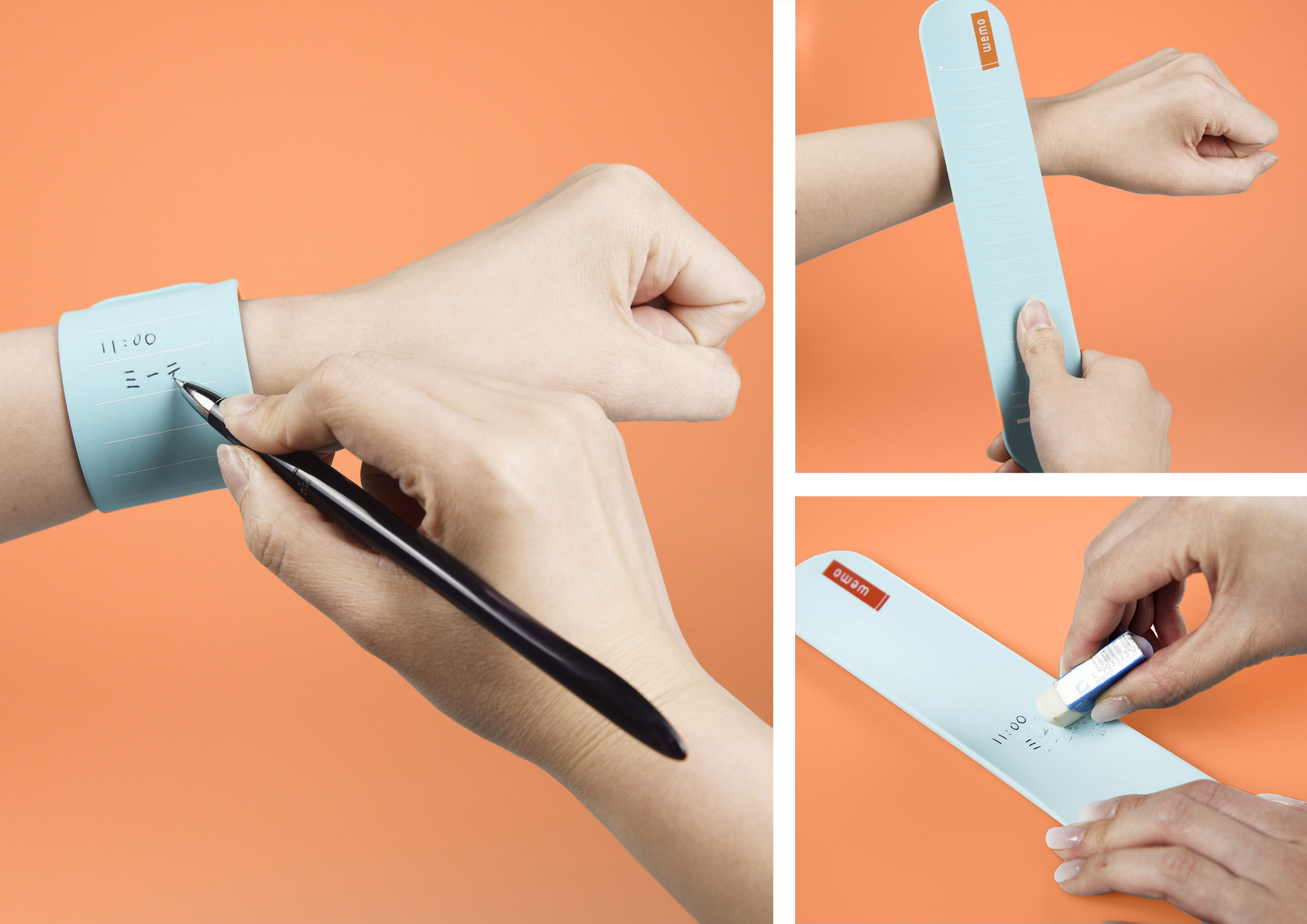<div class='lum-box'><h4 class='fontColor_blue lum-font-size'>wemo Band type</h4></div><div class='lum-font-cnt'>腕に巻いて使う"身に着けるメモ"です。ボールペンで書いて消しゴムや指で書いた内容を消して何度でも使用できます。</div>