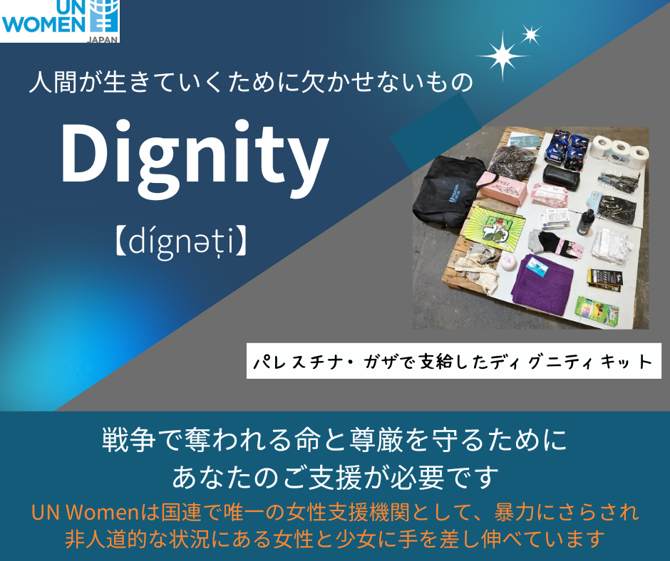 <div class='lum-box'><h4 class='fontColor_blue lum-font-size'>Dignity～人間が生きていくために欠かせないもの～</h4></div><div class='lum-font-cnt'>UN Womenは、戦禍の中で過酷な日々を送るパレスチナ・ガザをはじめとした世界の女性と少女に、生理用品、石鹸、下着、ティッシュなどのディグニティーキットを届けています。食べ物がなくては生きられませんが、こうした必需品も人間らしく生きるために欠かせません。あなたのご支援がそれを可能にします！
</div>