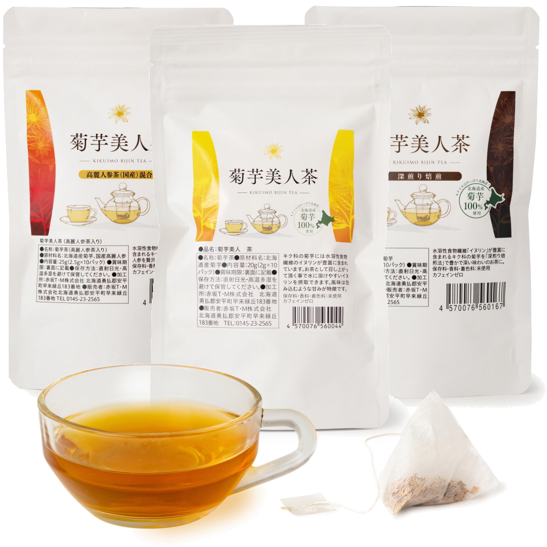 <div class='lum-box'><h4 class='fontColor_blue lum-font-size'>Kikuimo-Bijin Jerusalem Artichoke Tea Series</h4></div>
        	 	<div class='lum-font-cnt'>“Kikuimo Bijin” Tea, made from 100% Hokkaido-grown Jerusalem artichoke, is a relaxing tea that combines the fragrant aroma of roasting with the sweetness of Jerusalem artichokes. Rich in inulin, it improves the intestinal environment and helps control blood sugar levels. Free from preservatives and artificial colors, it provides a healthy tea time experience.</div>