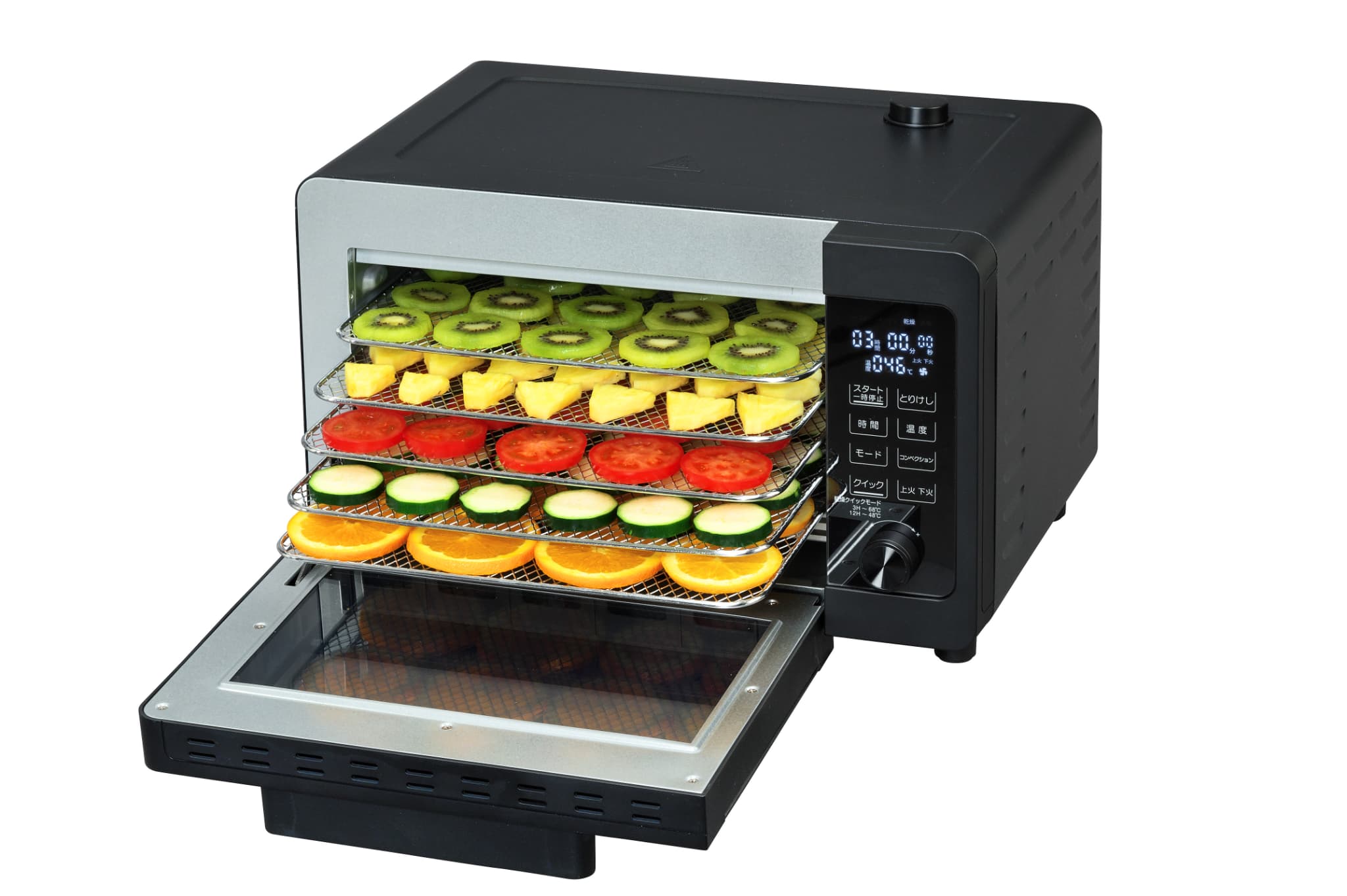 <div class='lum-box'><h4 class='fontColor_blue lum-font-size'>Dryfoodair</h4></div>
        		 <div class='lum-font-cnt'>A high-performance toaster oven with steam and convection functions has been added with a dehydrate function that makes it easy to cook rawfood. With one-touch operation of 48~68 degrees, you can easily make rawfood while keeping enzymes alive. You can make dried fruits, as well as various types of jerky.</div>