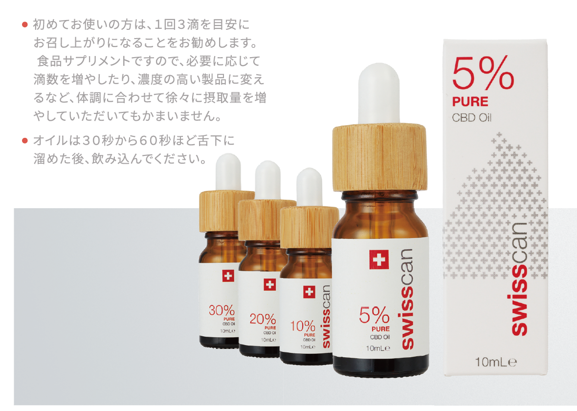 <div class='lum-box'><h4 class='fontColor_blue lum-font-size'>swisscan - CBD Oil</h4></div>
        		<div class='lum-font-cnt'>This CBD oil is made with high-quality Swiss cannabinoids (THC-free).
The MCT oil used is an organic MCT oil rich in Caprylic Acid (C8) and Capric Acid (C10).
Available in various CBD concentrations: 5%, 10%, 20%, and 30%.</div>