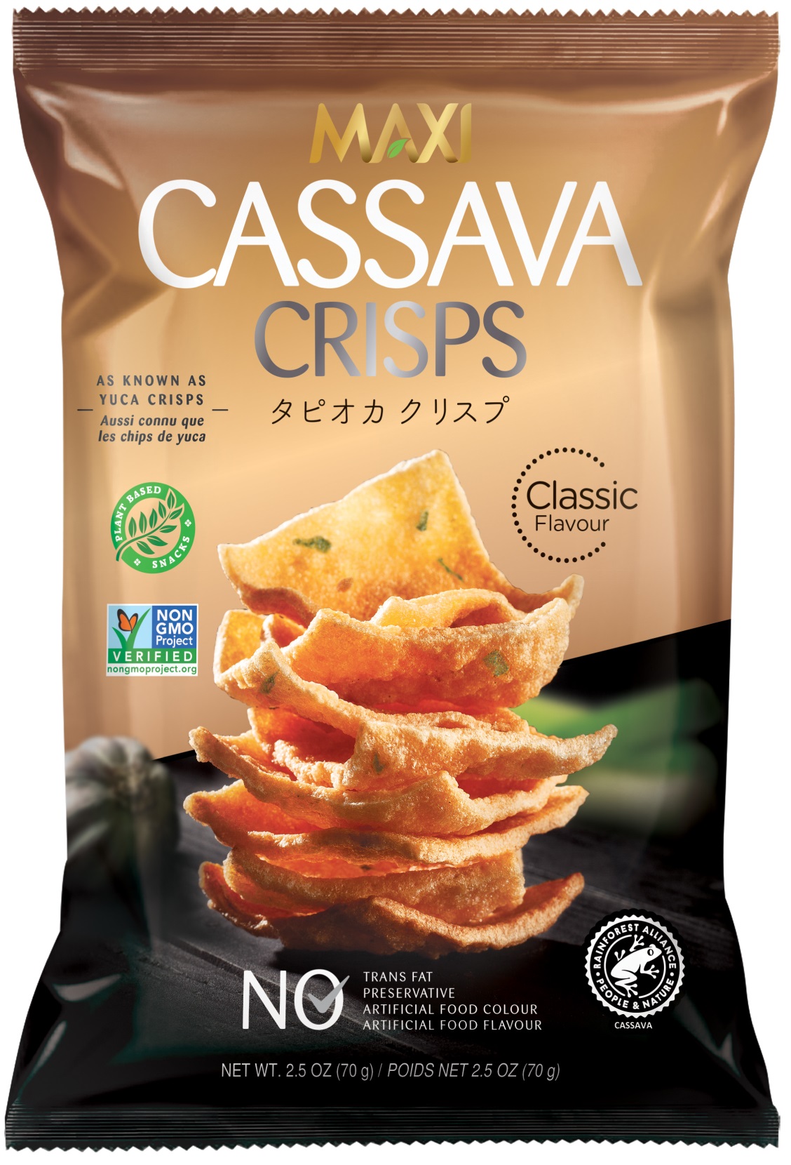 <div class='lum-box'><h4 class='fontColor_blue lum-font-size'>キャッサバクリスプ</h4></div><div class='lum-font-cnt'>タピオカの原料のキャッサバ芋を使用したサクサク食感のチップス。一定基準を満たした農園のみに与えられるレインフォレスト・アライアンス認証を取得したサスティナブルなチップス。ニラネギフレーバー！！</div>