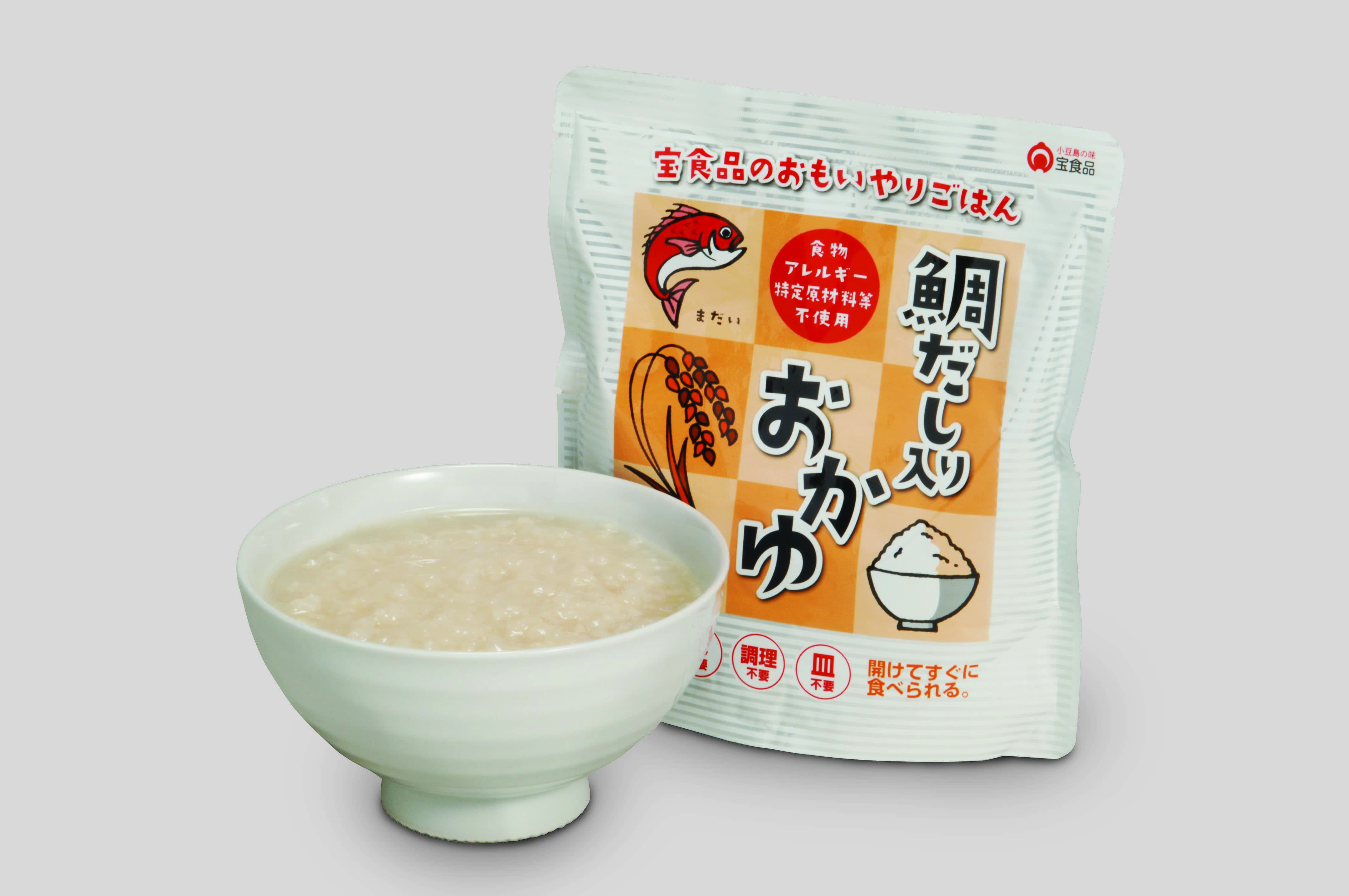 <div class='lum-box'><h4 class='fontColor_blue lum-font-size'>おもいやりごはん　鯛だし入りおかゆ</h4></div><div class='lum-font-cnt'>鯛や昆布、かつお節の旨味をぎゅっと詰め込んだうるち米使用のおかゆです。だしの旨味を活かした味付きのおかゆですので、そのままで美味しくお召し上がりいただけます。</div>