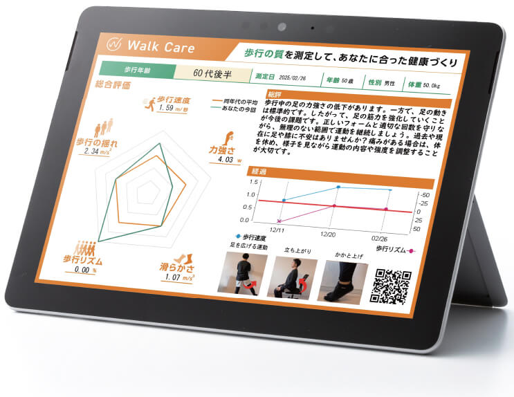 <div class='lum-box'><h4 class='fontColor_blue lum-font-size'>WalkCare（ウオークケア）</h4></div><div class='lum-font-cnt'>歩行データをAI解析し足関節パワーや滑らかさを数値化して歩行の質を見える化する現場導入が容易な歩行解析システムです。</div>