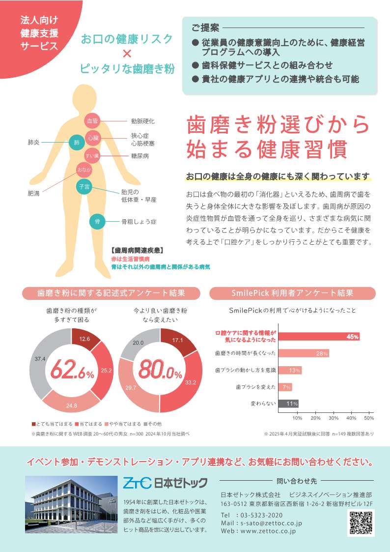 <div class='lum-box'><h4 class='fontColor_blue lum-font-size'>お口の健康診断・歯磨き粉マッチングアプリ</h4></div><div class='lum-font-cnt'>お口の健康状態に合わせて最適な歯磨き粉が選べるアプリ「SMILE PICK」が登場！アンケートに答えてお口の健康リスクを診断、あなたにピッタリの『歯磨き粉』をおすすめします。</div>