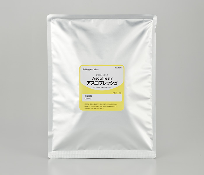<div class='lum-box'><h4 class='fontColor_blue lum-font-size'>アスコフレッシュ®</h4></div><div class='lum-font-cnt'>安定型ビタミンCアスコフレッシュ®は、ミネラルやタンパク質と組み合わせても着色や臭いを発生しにくく、美味しくVCを強化できる素材です。</div>