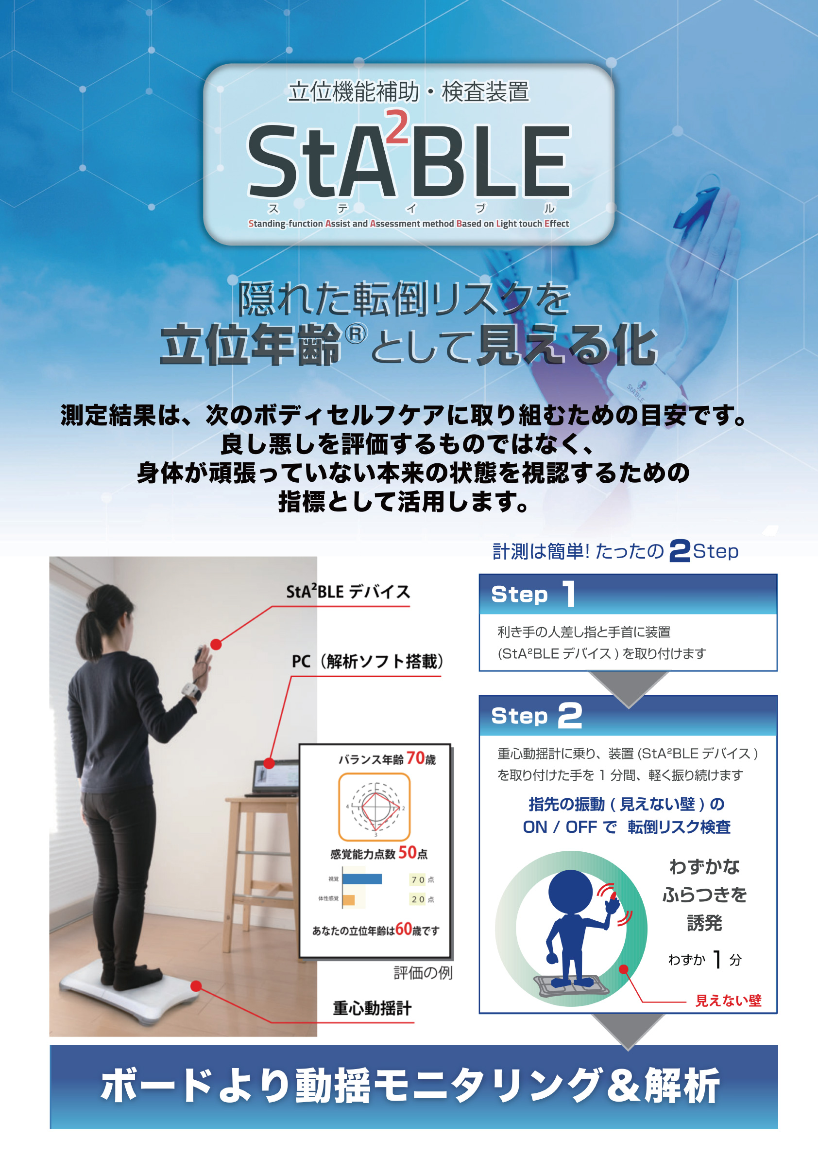 <div class='lum-box'><h4 class='fontColor_blue lum-font-size'>StA²BLE（立位機能補助・検査装置）</h4></div><div class='lum-font-cnt'>隠れた転倒リスクを見える化
測定結果は、次のボディケアに取り組むための目安です。
身体が頑張っていない本来の状態を視認するための指標として活用します。</div>
