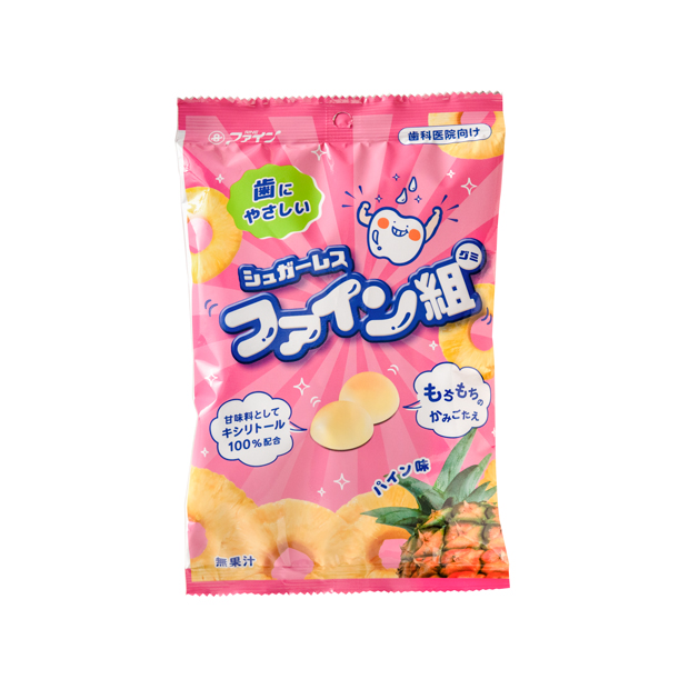 <div class='lum-box'><h4 class='fontColor_blue lum-font-size'>シュガーレス　ファイン組(グミ)</h4></div><div class='lum-font-cnt'>甘味料としてキシリトールを100%使用しており、口の中で酸をつくる砂糖を使用していないので、おやつに最適です。よく噛むことで、だ液の分泌を促進することができます</div>