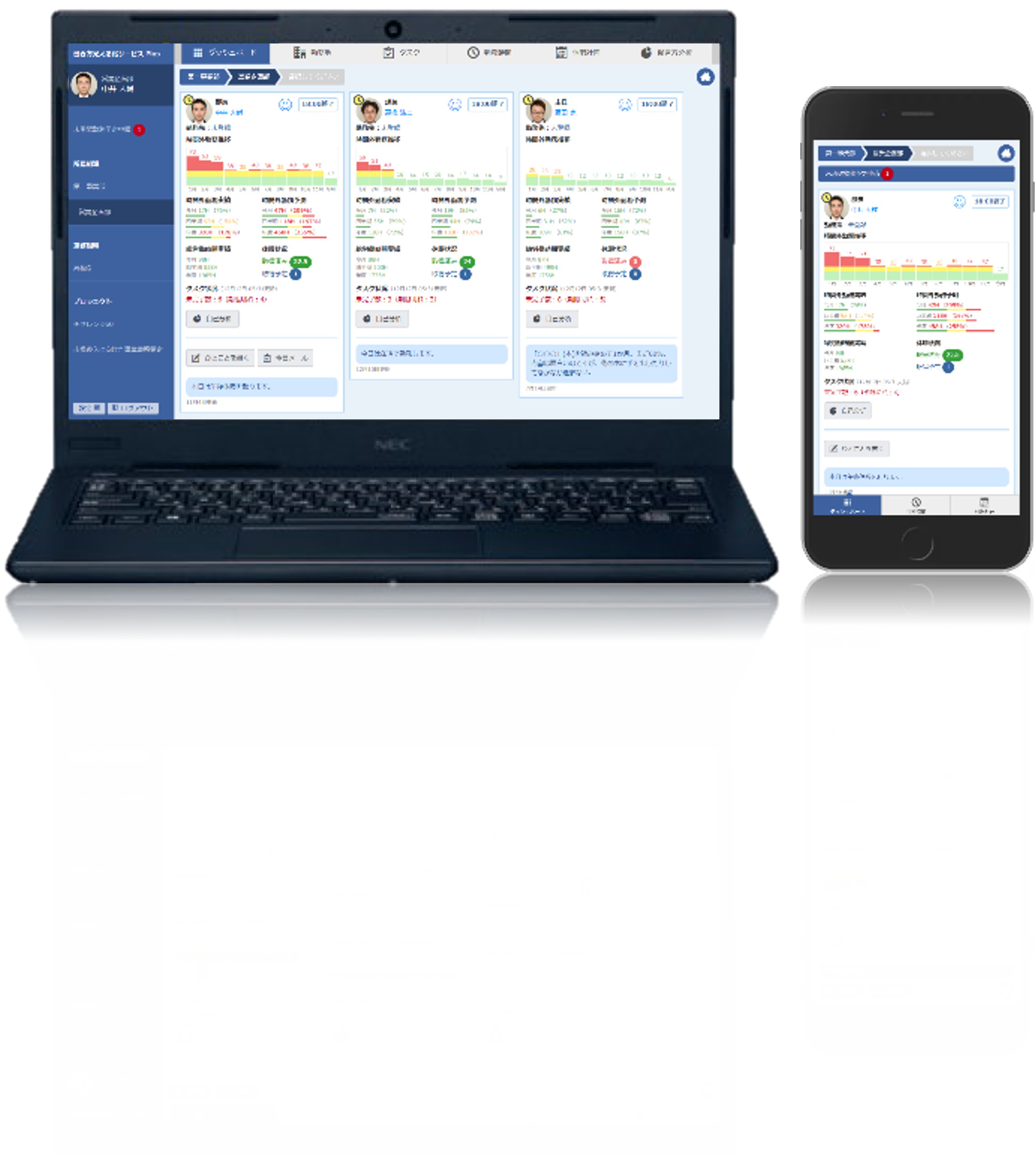 <div class='lum-box'><h4 class='fontColor_blue lum-font-size'>NEC 働き方見える化サービス Plus</h4></div><div class='lum-font-cnt'>当社社員が自分たちの働き方を見直すために開発、NECグループ含め累計15万IDが導入。PCログを自動収集し勤務時間を可視化、過剰な業務負荷に気づき労務リスクを抑制。月200円/ID〜(5ID〜)で手軽に導入可能。</div>