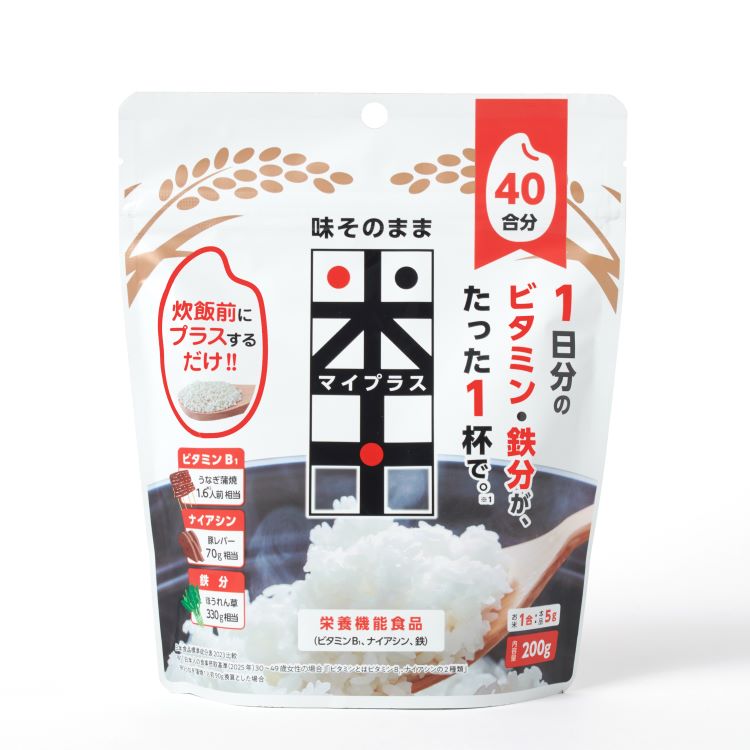 <div class='lum-box'><h4 class='fontColor_blue lum-font-size'>マイプラス</h4></div><div class='lum-font-cnt'>いつものお米に「マイプラス」を混ぜて炊くだけで栄養サポート！1日分のビタミン・鉄分がたったご飯1杯で補えます。
※「日本人の食事摂取基準（2025）30～49歳女性の場合」「ビタミンはビタミンB₁、ナイアシンの2種類」</div>