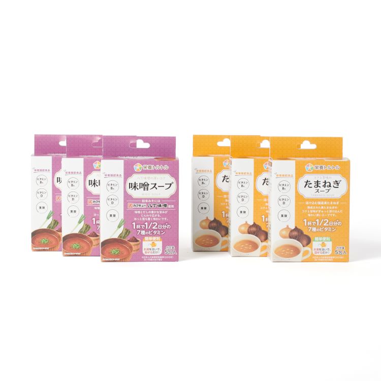 <div class='lum-box'><h4 class='fontColor_blue lum-font-size'>栄養トルトル（たまねぎスープ・味噌スープ）</h4></div><div class='lum-font-cnt'>お湯を注いで混ぜるだけ。スープ一杯でビタミン7種を手軽に補給できます。
毎日の食事に取り入れやすい、たまねぎスープと味噌スープの2種類を展開。
※7種のビタミン：ビタミンA、ビタミンB₆、ビタミンB₁₂、ビタミンD、ビタミンE、葉酸、パントテン酸</div>