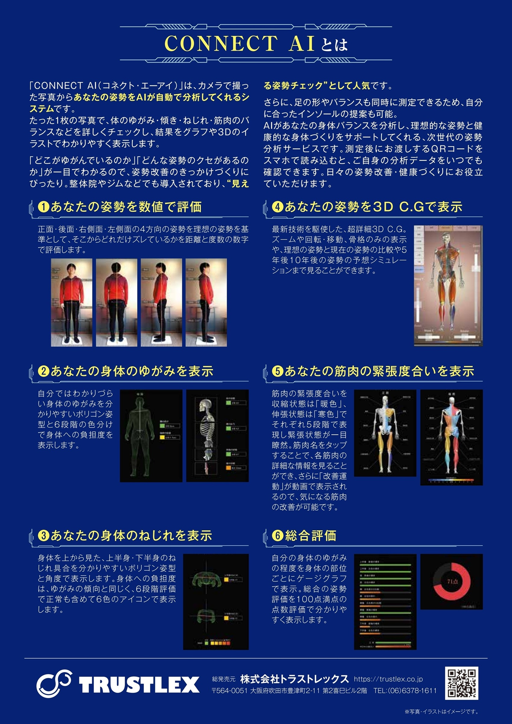 <div class='lum-box'><h4 class='fontColor_blue lum-font-size'>Reborn CONNECT AI姿勢分析器</h4></div><div class='lum-font-cnt'>Reborn CONNCT AI姿勢分析器とは、タブレットカメラから撮った写真から、貴方の姿勢をAIが自動で分析してくれるシステムです。
身体の歪み、傾き、ねじれ、筋肉のバランスなどを詳チェックし、結果をグラフや3Dのイラストで分かりやすく表示し、貴方に最適なインソールや枕のセット情報を提示します。</div>