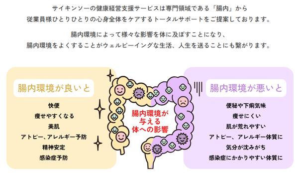 <div class='lum-box'><h4 class='fontColor_blue lum-font-size'>Health and Productivity Management Support Services: Facilitating social implementation through the Mykinso platform.</h4></div>
        		 <div class='lum-font-cnt'>Cykinso’s Health and Productivity Management Support Services offer total care for each employee's holistic well-being, starting from our expertise in the gut. Since the gut environment significantly influences overall health, optimizing it is essential for a life of well-being. We leverage our platform to provide comprehensive support for a healthier society.</div>