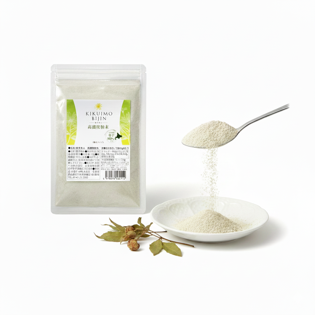 <div class='lum-box'><h4 class='fontColor_blue lum-font-size'>KIKUIMOBIJIN　Highly concentrated powder 50g</h4></div>
        		 <div class='lum-font-cnt'>This product is made from dried and concentrated purple Jerusalem artichokes from Hokkaido in a powder form, making it easy to consume. It can be easily mixed into dishes or drinks. Rich in dietary fiber and minerals, it has a positive effect on digestive health and beauty. Each packet contains 23.8g of inulin.</div>