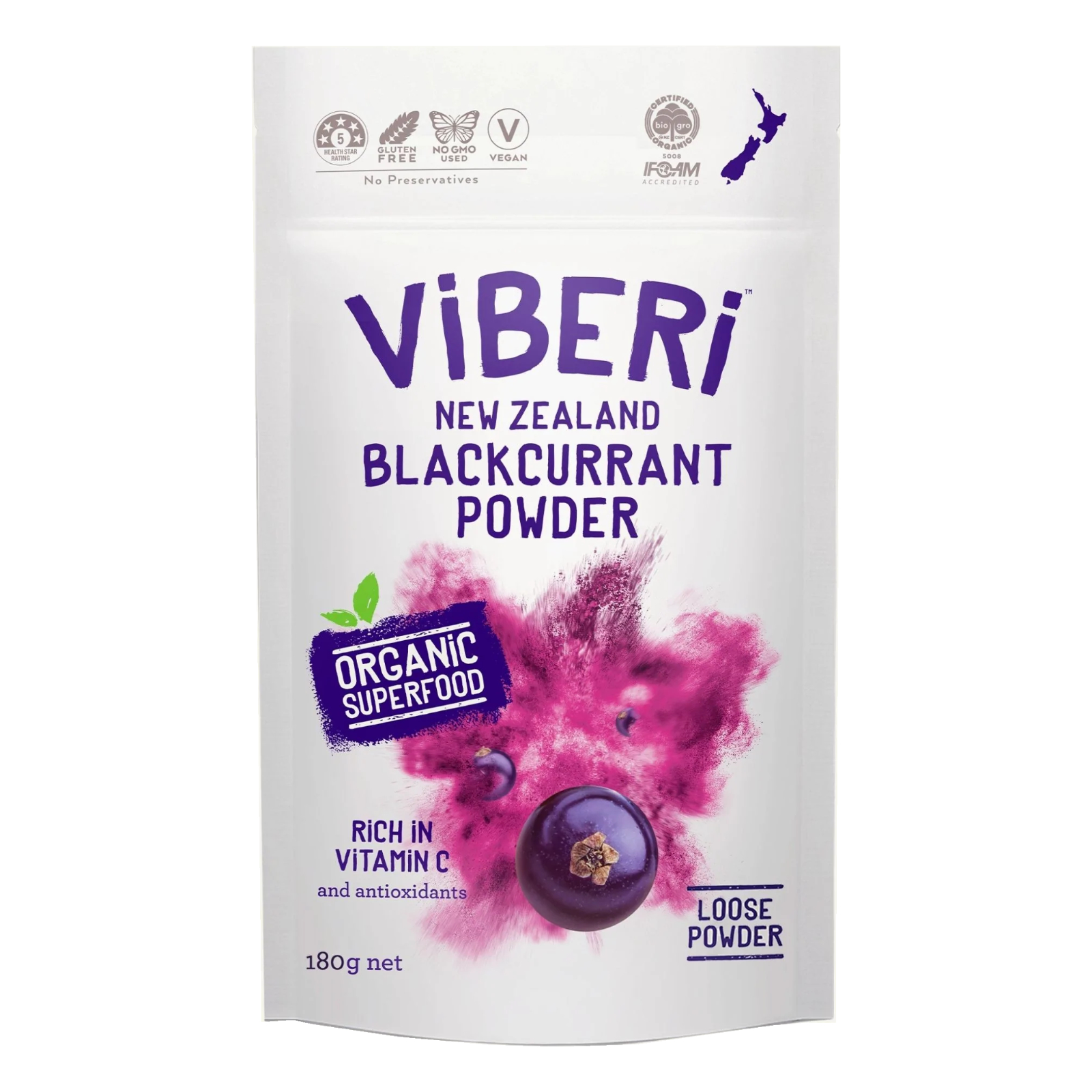 <div class='lum-box'><h4 class='fontColor_blue lum-font-size'>【Retail】ViBERi Organic Blackcurrant Powder180g</h4></div>
        		 <div class='lum-font-cnt'>Freeze dried Organic Blackcurrant Powder direct from growers in New Zealand. Blackcurrants are rich in anthocyanins and Vitamin C - in fact, they contain nearly 4x as much Vitamin C as oranges. Simply add to yoghurt, smoothies, cereal, ice cream or pancake mix.  For recovery from exercise or physical excursion, 10g is recommended. For everyday use and anti-ageing benefits, 5g per day is ideal. 
Country of Origin: New Zealand
Contents: 180g 

・No added sugar
・No GMO used
・Antioxidants
・No preservatives</div>
