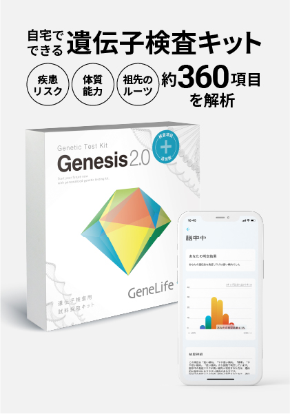 <div class='lum-box'><h4 class='fontColor_blue lum-font-size'>総合遺伝子検査キット Genesis2.0 Plus </h4></div><div class='lum-font-cnt'>GeneLife売上1位の遺伝子検査キット
がんや心筋梗塞などの疾患リスクから、肥満要因や肌タイプ、筋肉タイプなどの体質、母方祖先のルーツなど、約360項目を解析できるジーンライフのベストセラー遺伝子検査キット。遺伝的な体質をもとに対策をアドバイスするので生活習慣の見直しにお役立ていただけます。</div>