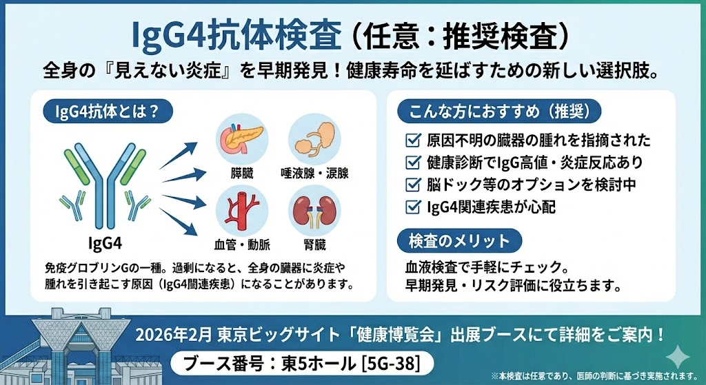 <div class='lum-box'><h4 class='fontColor_blue lum-font-size'>IgG4抗体検査（任意：推奨検査）</h4></div><div class='lum-font-cnt'>mRNAワクチンを摂取した方に強く推奨される先端検査です。
現在、ターボガンという急速に進行し悪化するガンが増えてきています。
ターボガンはmRNAワクチン接種により誘発されているケースが多いため、ワクチン接種者のガン患者にはIgG4抗体検査を推奨しています。</div>