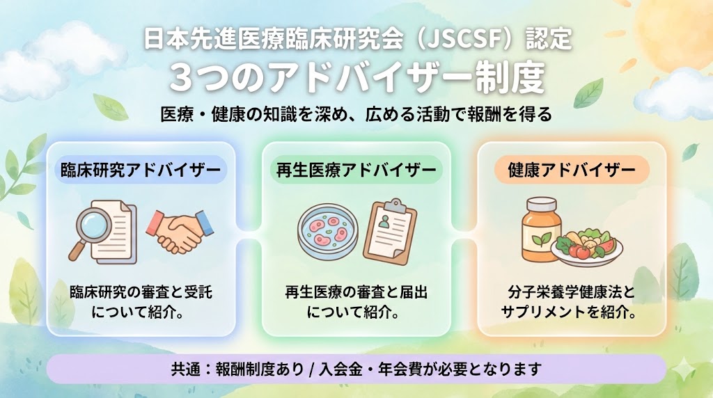 <div class='lum-box'><h4 class='fontColor_blue lum-font-size'>【報酬制度あり】医療・健康アドバイザー認定プログラム</h4></div><div class='lum-font-cnt'>JSCSF（日本先進医療臨床研究会）主催の正規アドバイザー資格です。自然療法健康・臨床研究・再生医療の3分野で、正しい知識を広める役割を担います。審査サポートや治療紹介を通じ、医療発展に寄与しながら報酬も得られる、社会性と実益を兼ね備えたプログラムです。</div>